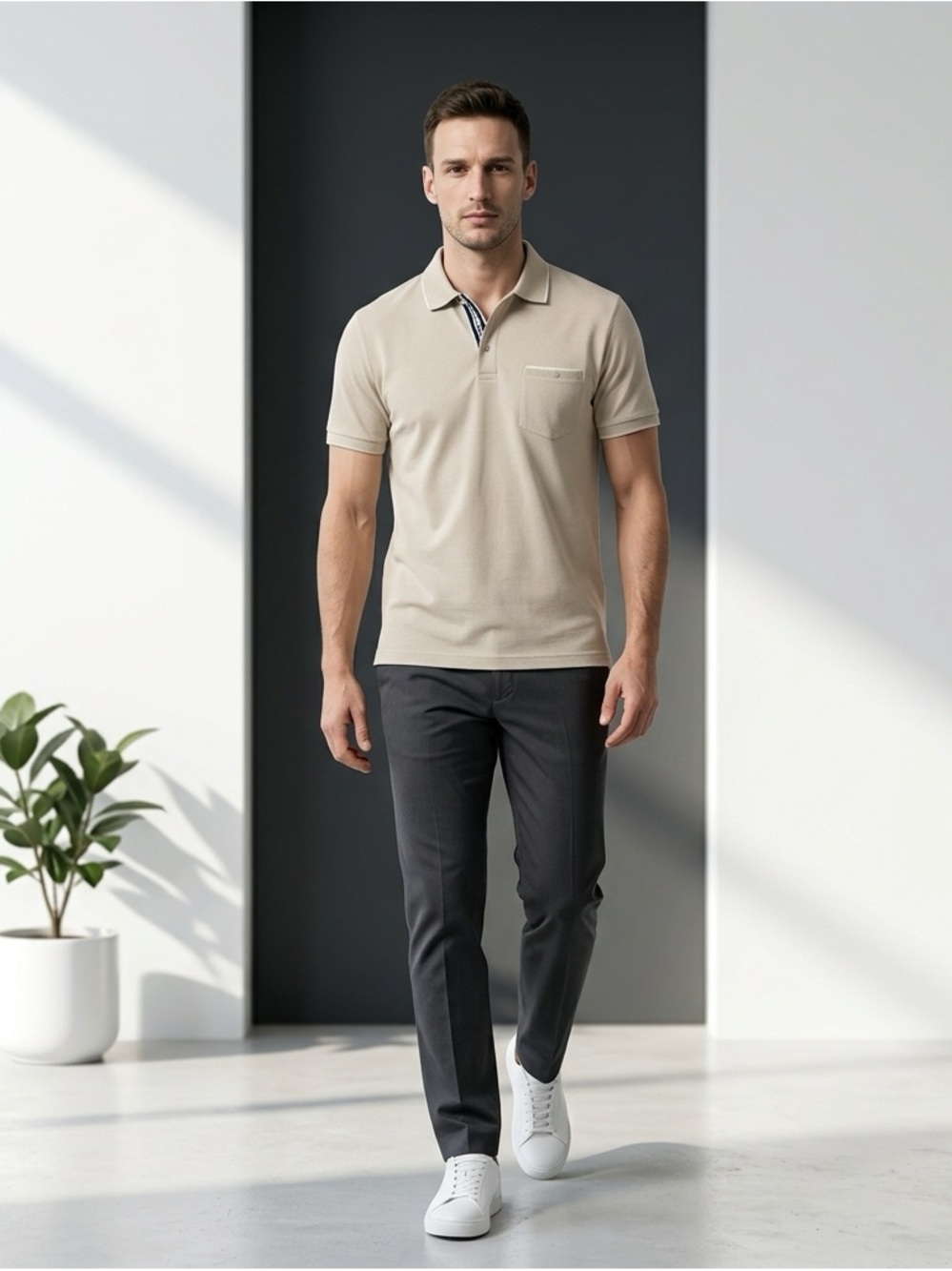 New, Denim & Flower, Beige Short Sleeve 4 Way Stretch Polo Shirt, Size S